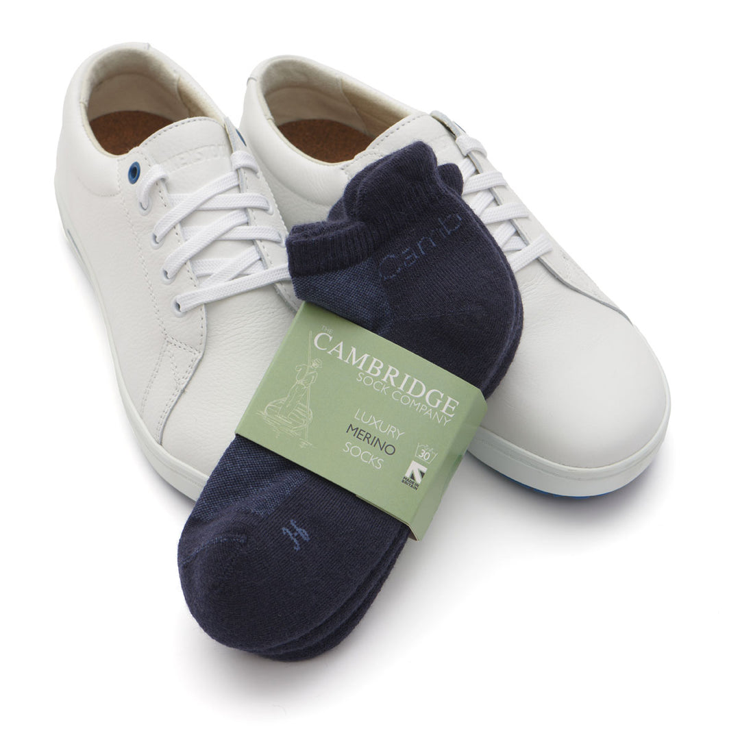 Merino Wool Trainer Socks, 2 Pair Bundle - The Fen, navy sock shown with white trainers