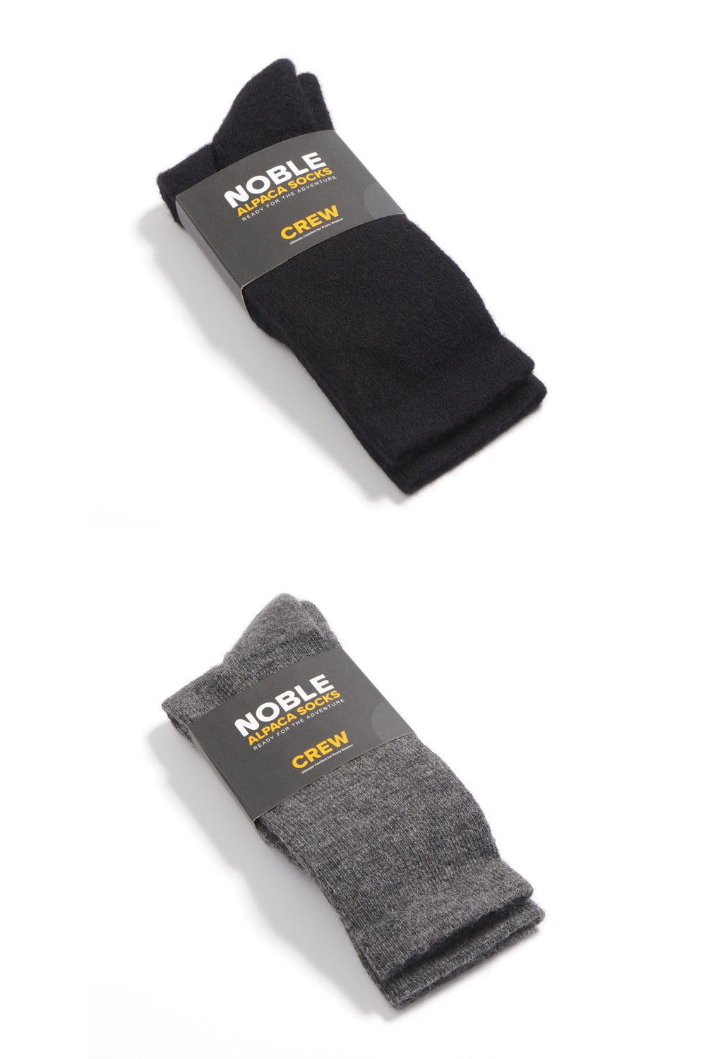 Noble Crew Sock Duo — real photo, black + grey packaged