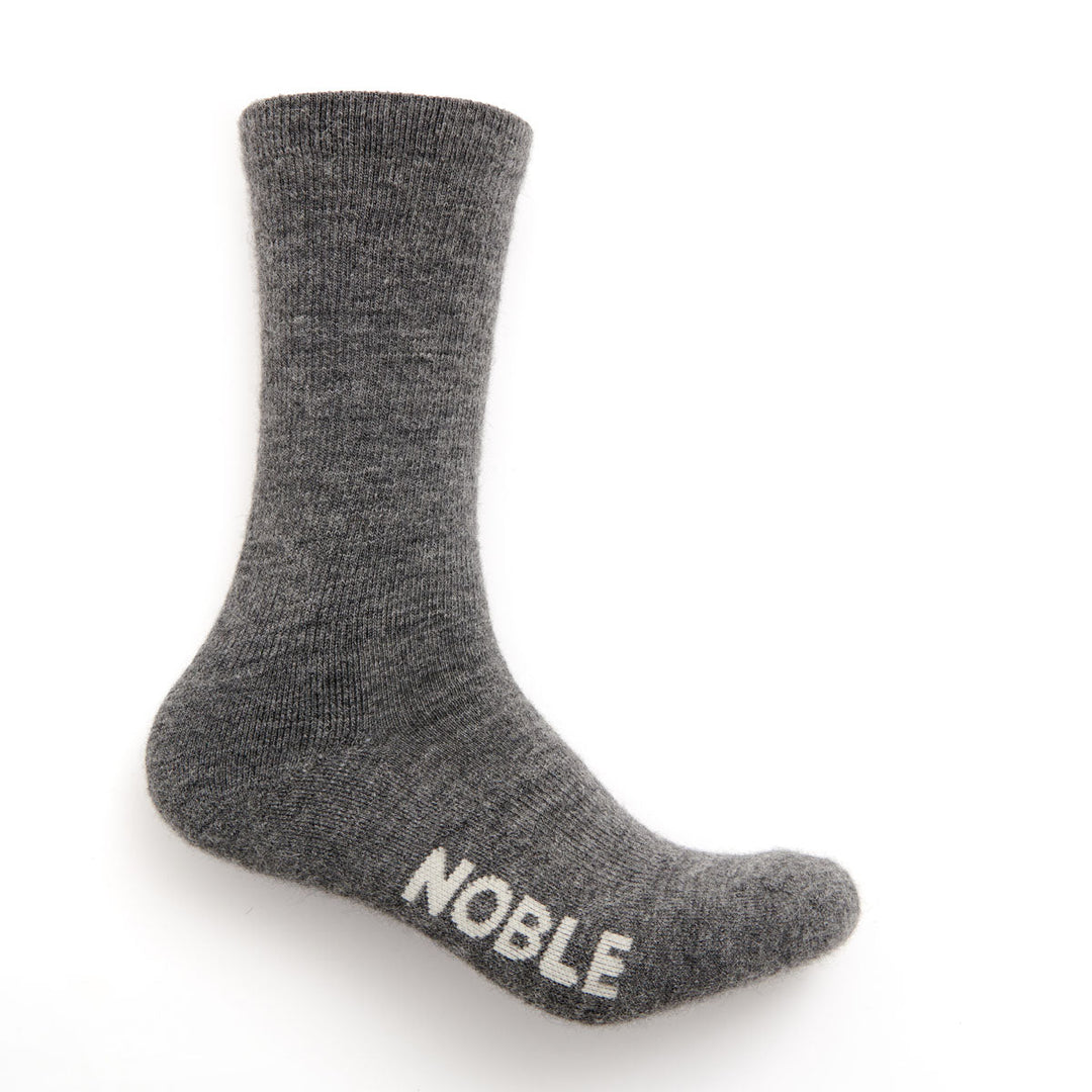 Noble Socks alpaca crew sock - grey, on foot