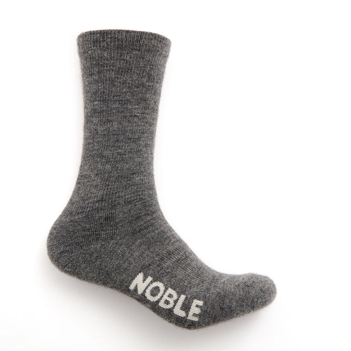 Noble Socks alpaca crew sock - grey, on foot